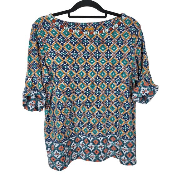 Ruby Rd Top L Womens Multicolor Crew Neck 1/2 Roll Tab Sleeve Geometric Pullover - Picture 1 of 9